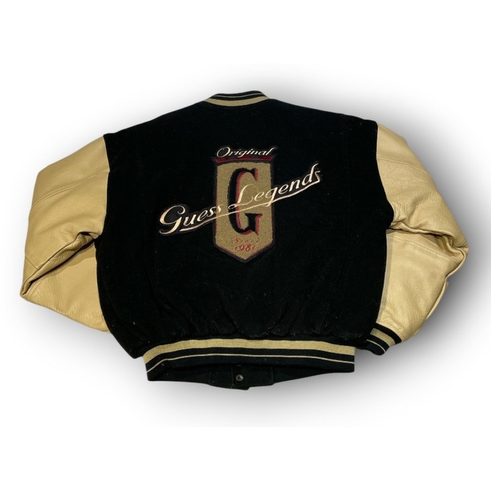 Vintage Guess Legends Varsity Jacket Mens M Black Beige Wool Leather Oversized
